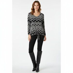 Cato Black and White Chevron Top Small Peekaboo Cutout Sleeve Tie Waist Blouse